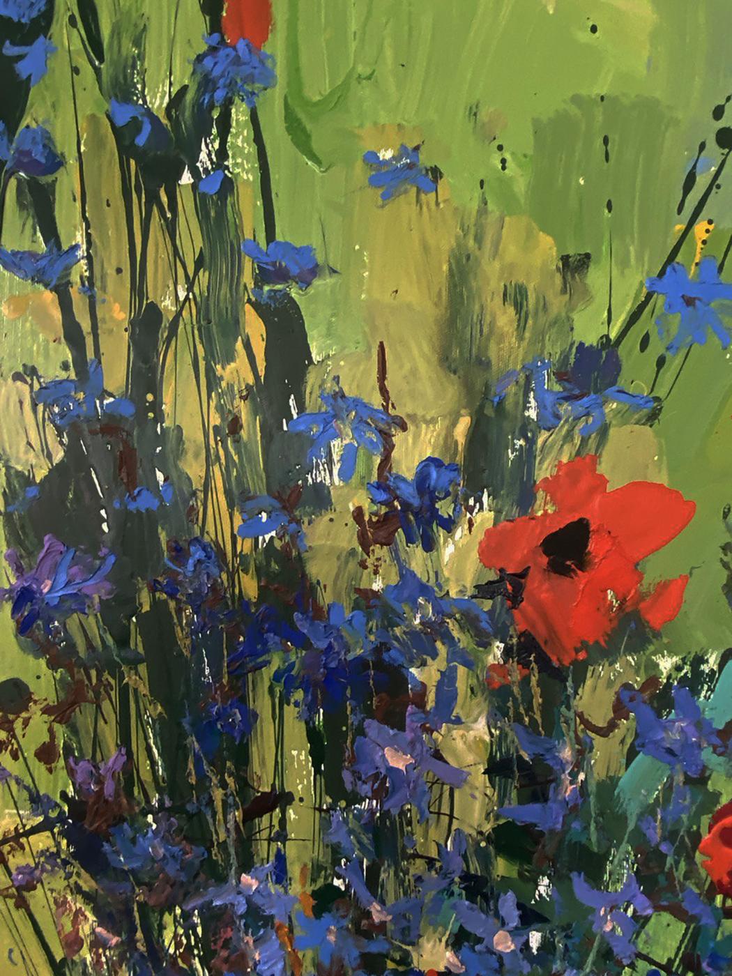 Vibrant Floral Morning oil painting by Oksana Ivanyuk with blue red blossoms on green