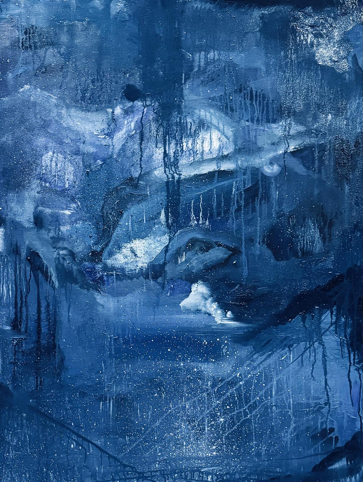 Abstract blue oil painting of future city by Victoria Kagalovska