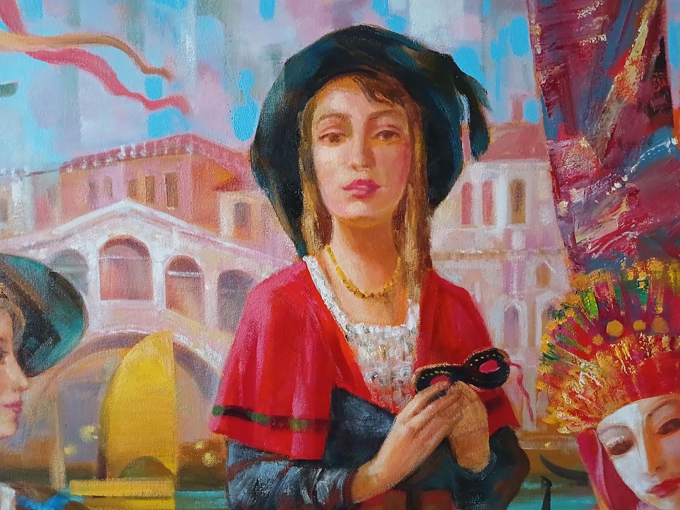 Abstract oil painting of woman in red cape, black hat holding Venetian mask by Anatoly Tarabanov