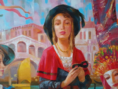 Abstract oil painting of woman in red cape, black hat holding Venetian mask by Anatoly Tarabanov