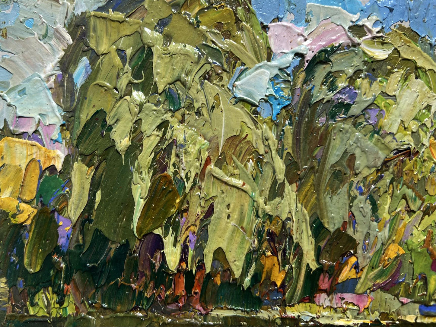 Oil painting On the summer lake by Oleksiy Ivanyuk lush green hillside