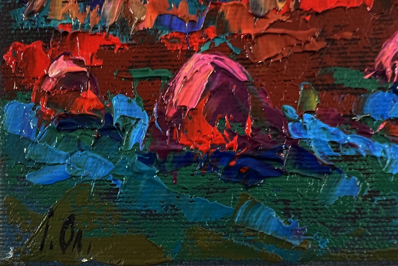 Vibrant oil painting In the Evening in the Fields by Oleksiy Ivanyuk with bold reds, blues, impasto