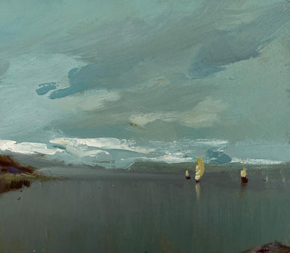 Serene oil painting of sailboats on calm sea by Yuriy Suprunchuk