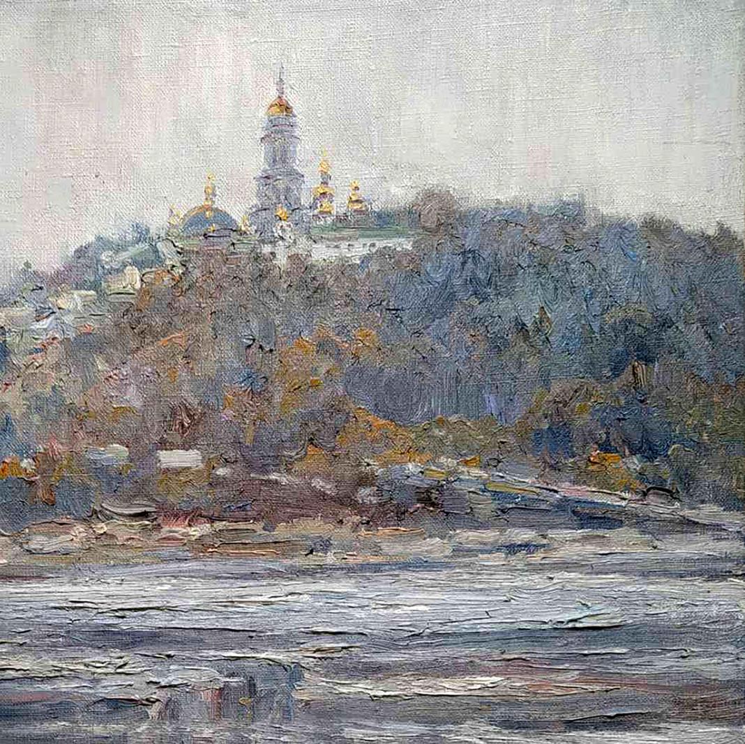 Oil painting View of the Church by Leonid Pavlenko with golden domes