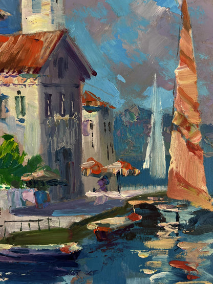 Vibrant impressionist oil painting of sea caressing canal buildings by Yuriy Suprunchuk