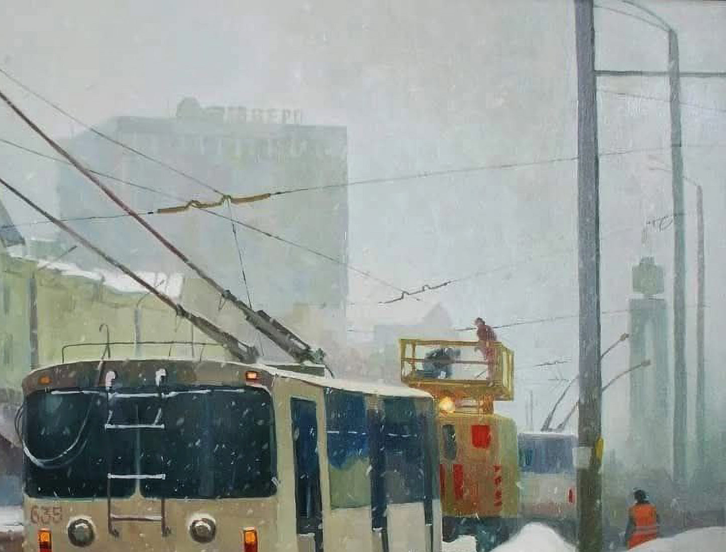 Oil painting of beige cream trolley with snowflakes by Anastasia Yaroshevich