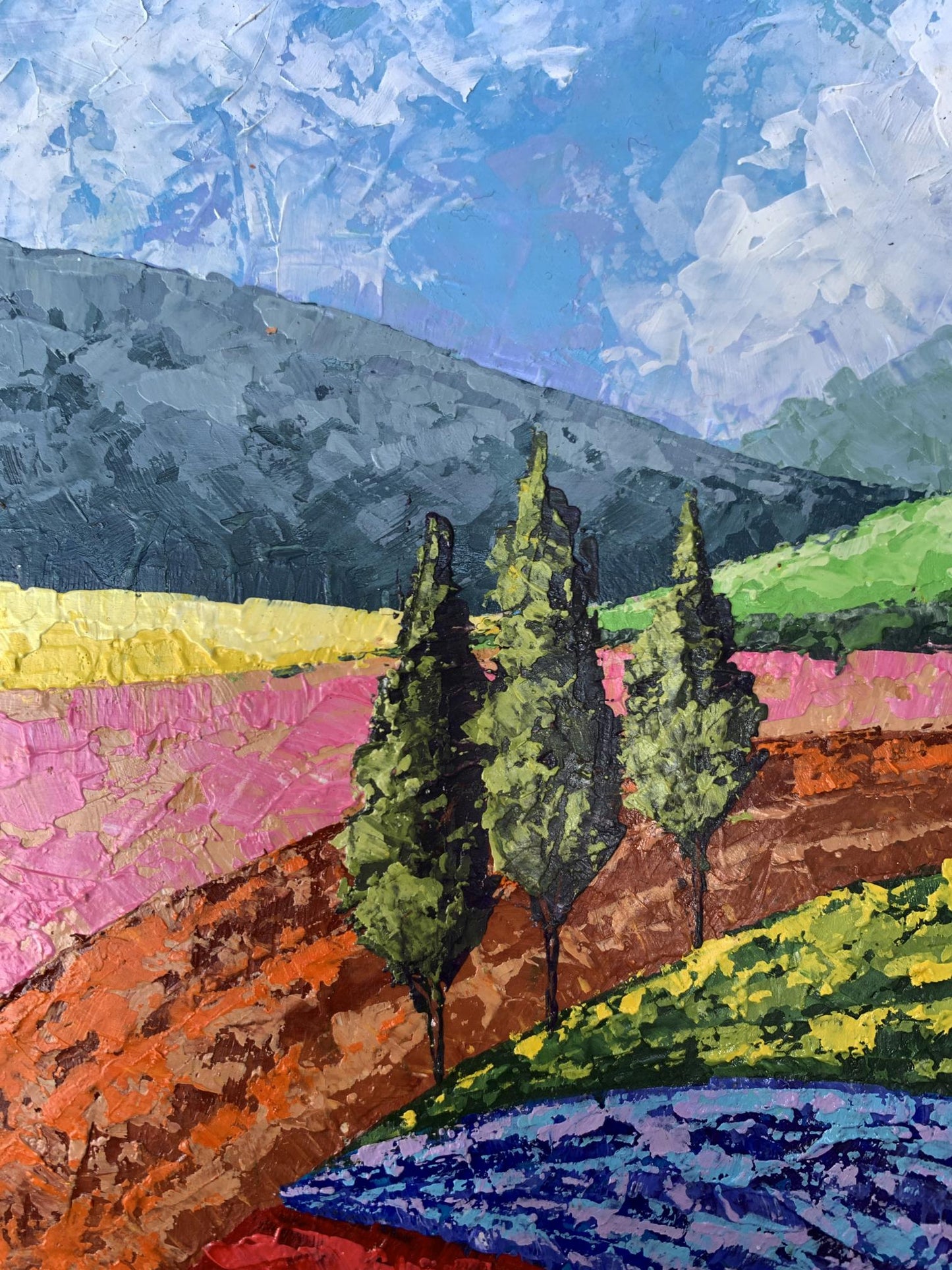 Oil painting Mountain Glade V. Zadorozhnya with tall green cypress trees