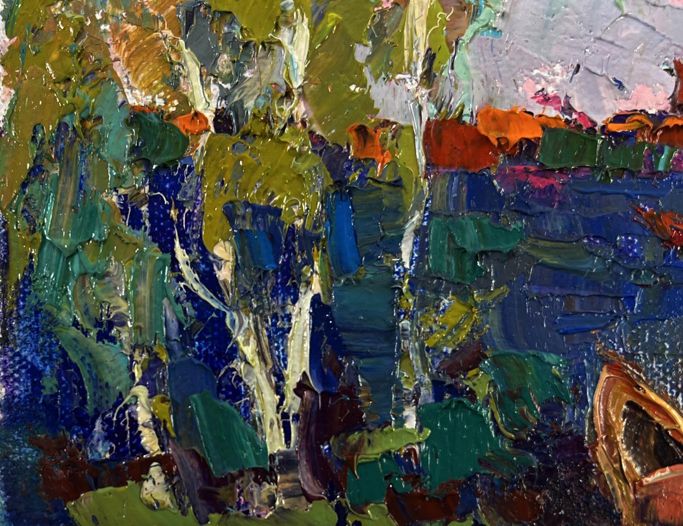 Vibrant impressionist oil painting The first leaves reflected in water by Oksana Ivanyuk