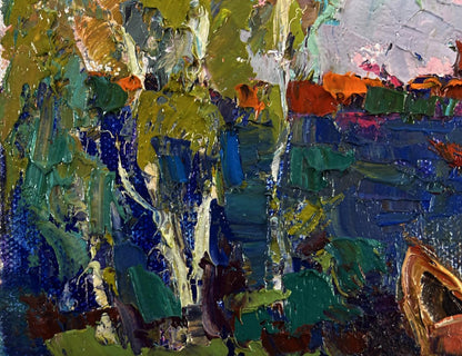 Vibrant impressionist oil painting The first leaves reflected in water by Oksana Ivanyuk