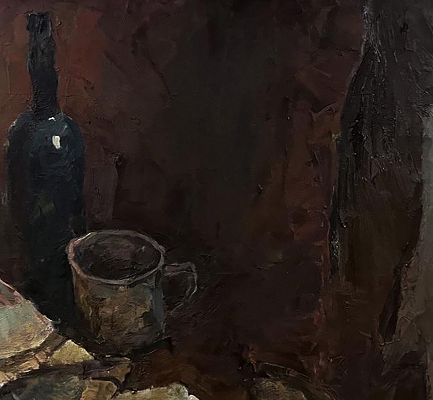 Oil painting Still life with fish by Oleksandr Andreev: dark blue bottle on stone ledge