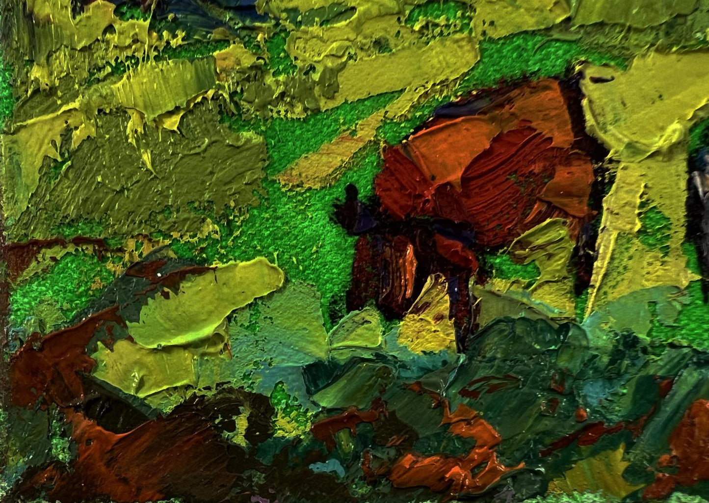 Impasto oil painting of cows grazing in green meadow by Oksana Ivanyuk