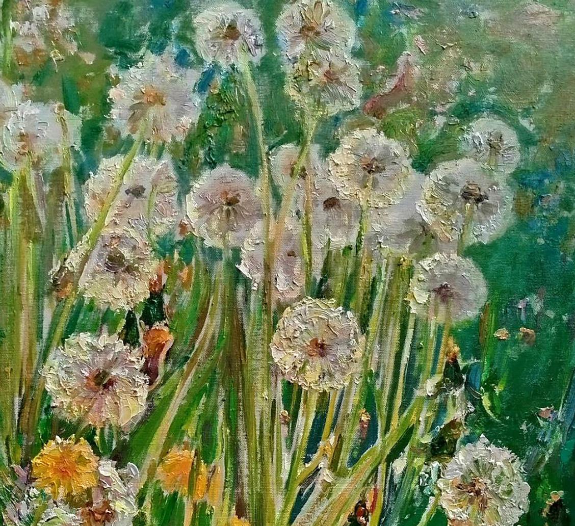 Oil painting of dandelions by Leonid Pavlenko textured white seed heads