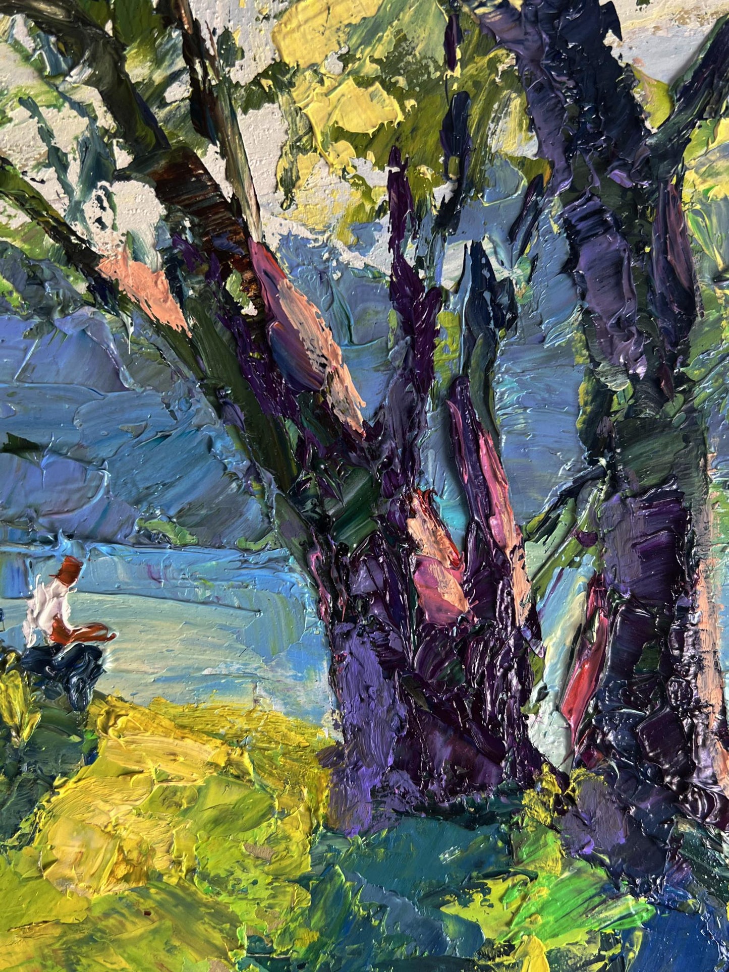 Oil painting Relaxing on the river by Boris Serdyuk with purple tree trunks