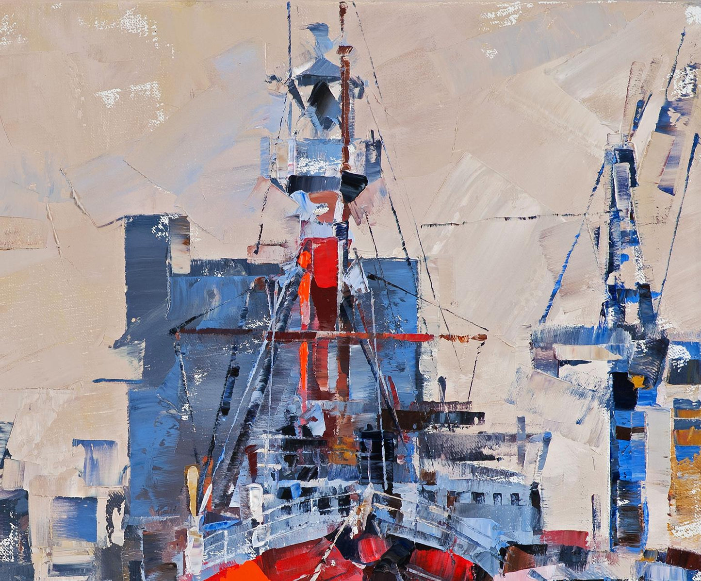 Abstract expressionist oil painting of lighthouse ship by Volodymyr Gluhomanyuk