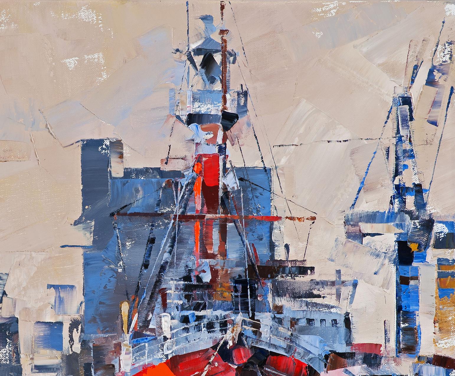 Abstract expressionist oil painting of lighthouse ship by Volodymyr Gluhomanyuk