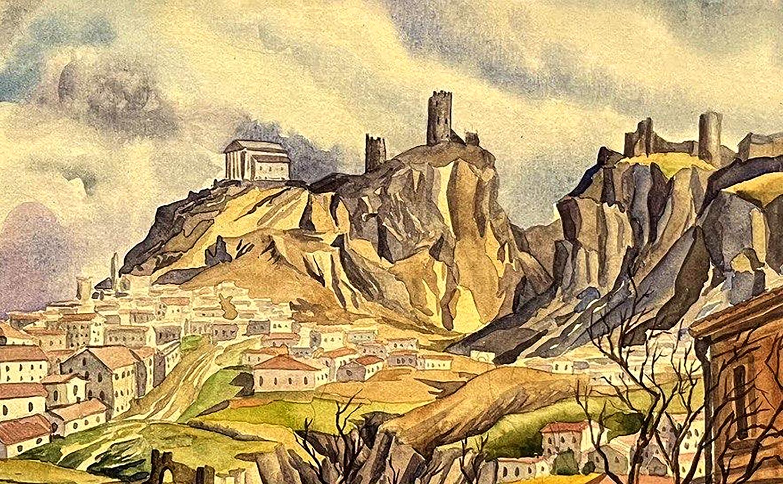 Watercolor painting of historic city in mountains by Dmytro Startsev