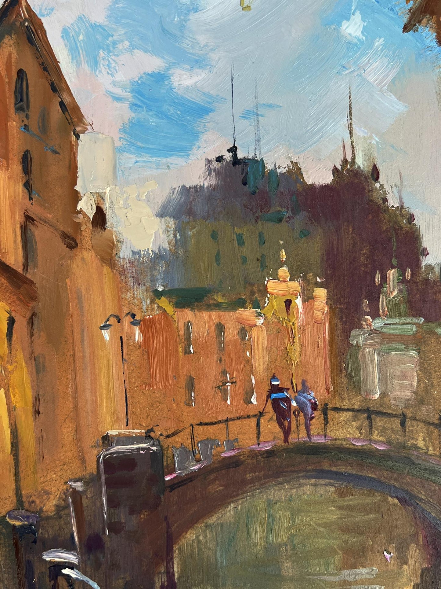 Vibrant impressionist oil painting by Yuriy Suprunchuk of canal with bridge