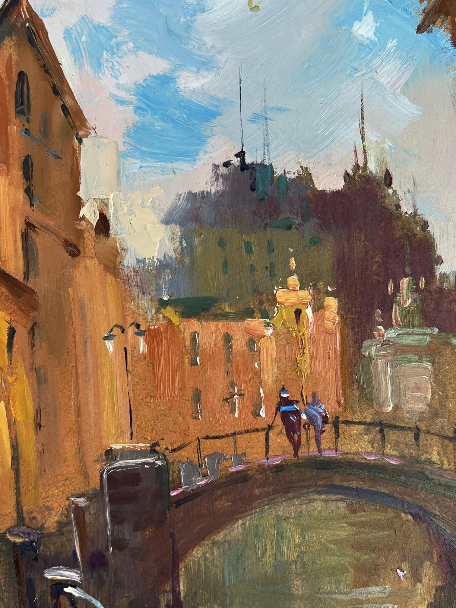 Vibrant impressionist oil painting by Yuriy Suprunchuk of canal with bridge