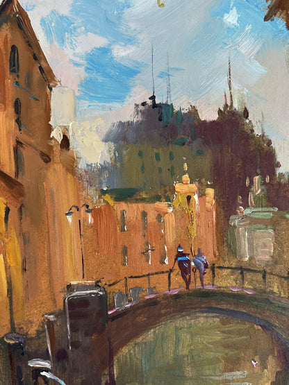 Vibrant impressionist oil painting by Yuriy Suprunchuk of canal with bridge