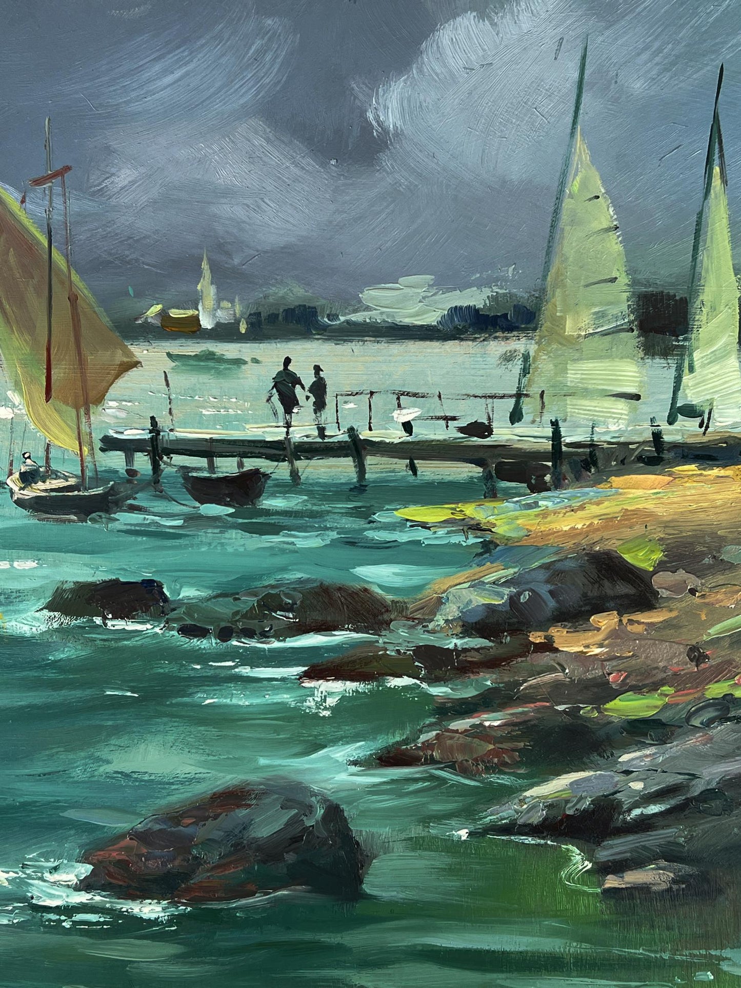 Oil painting Sea boats at the pier by Yuriy Suprunchuk harbor scene