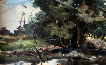 Oil painting Evening by the River by Vitaly Duhnevich rustic landscape