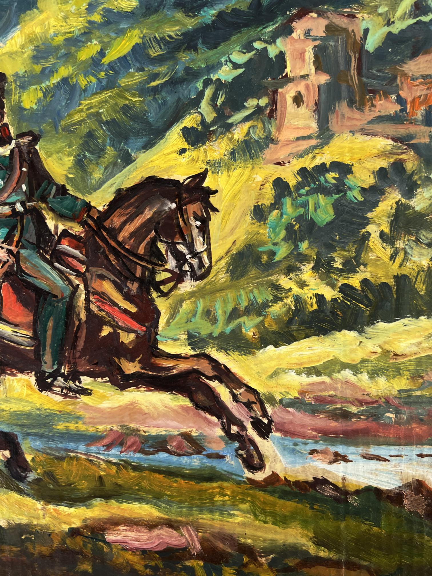 Oil painting Warriors by the River by Alexander Litvinov: galloping brown horse