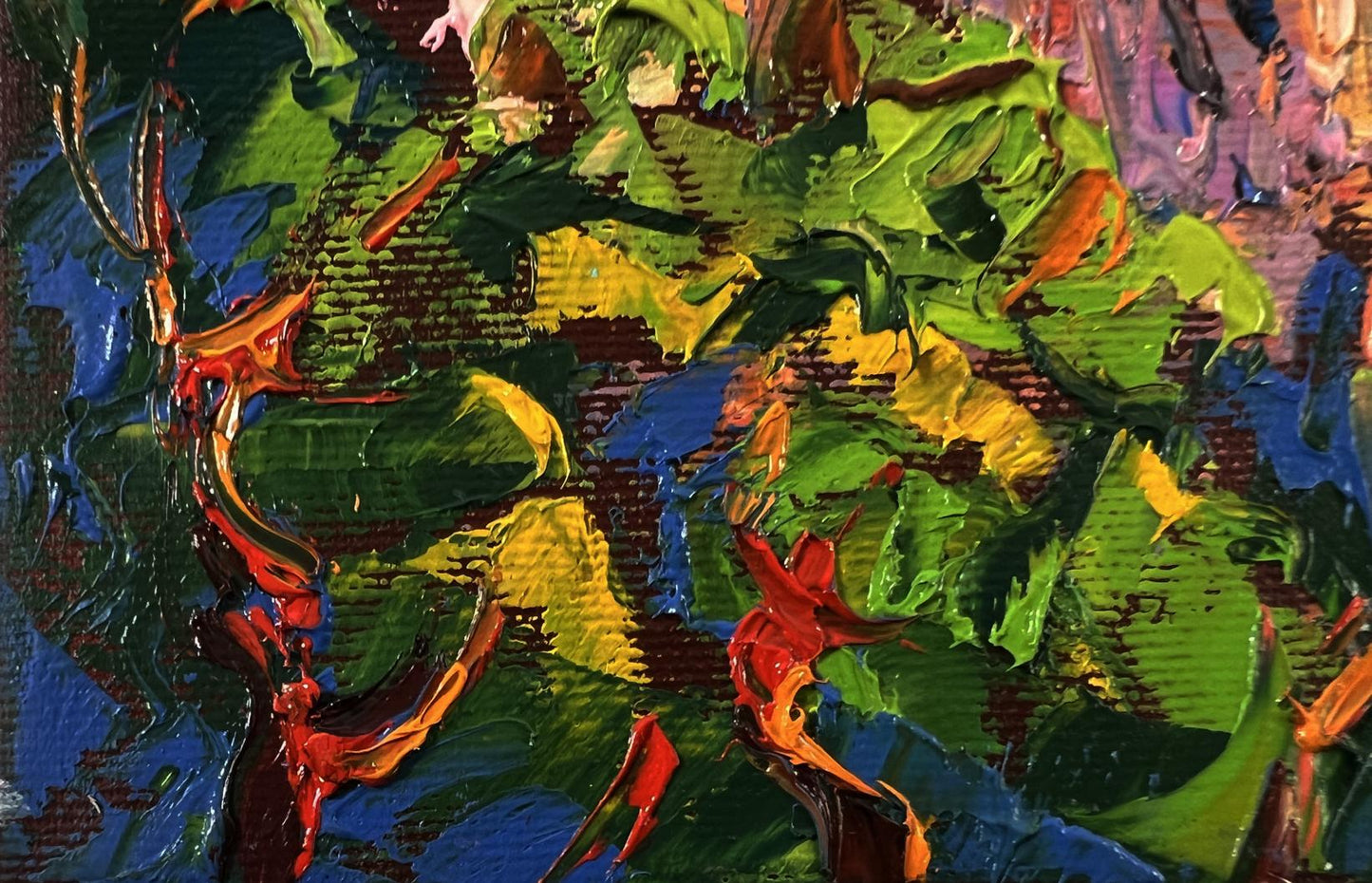 Vibrant Evening city bustle oil painting by Oleksiy Ivanyuk with bold green, yellow, red brushstrokes