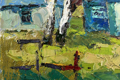 Vibrant Whispers of Spring oil painting by Oksana Ivanyuk with green, blue, white brushstrokes