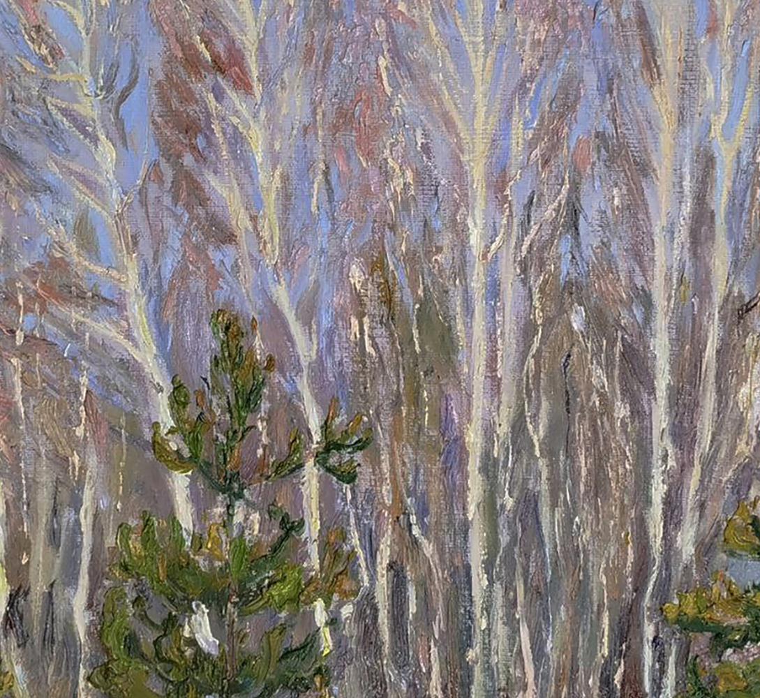 Oil painting of spring blooming birch forest by Leonid Pavlenko