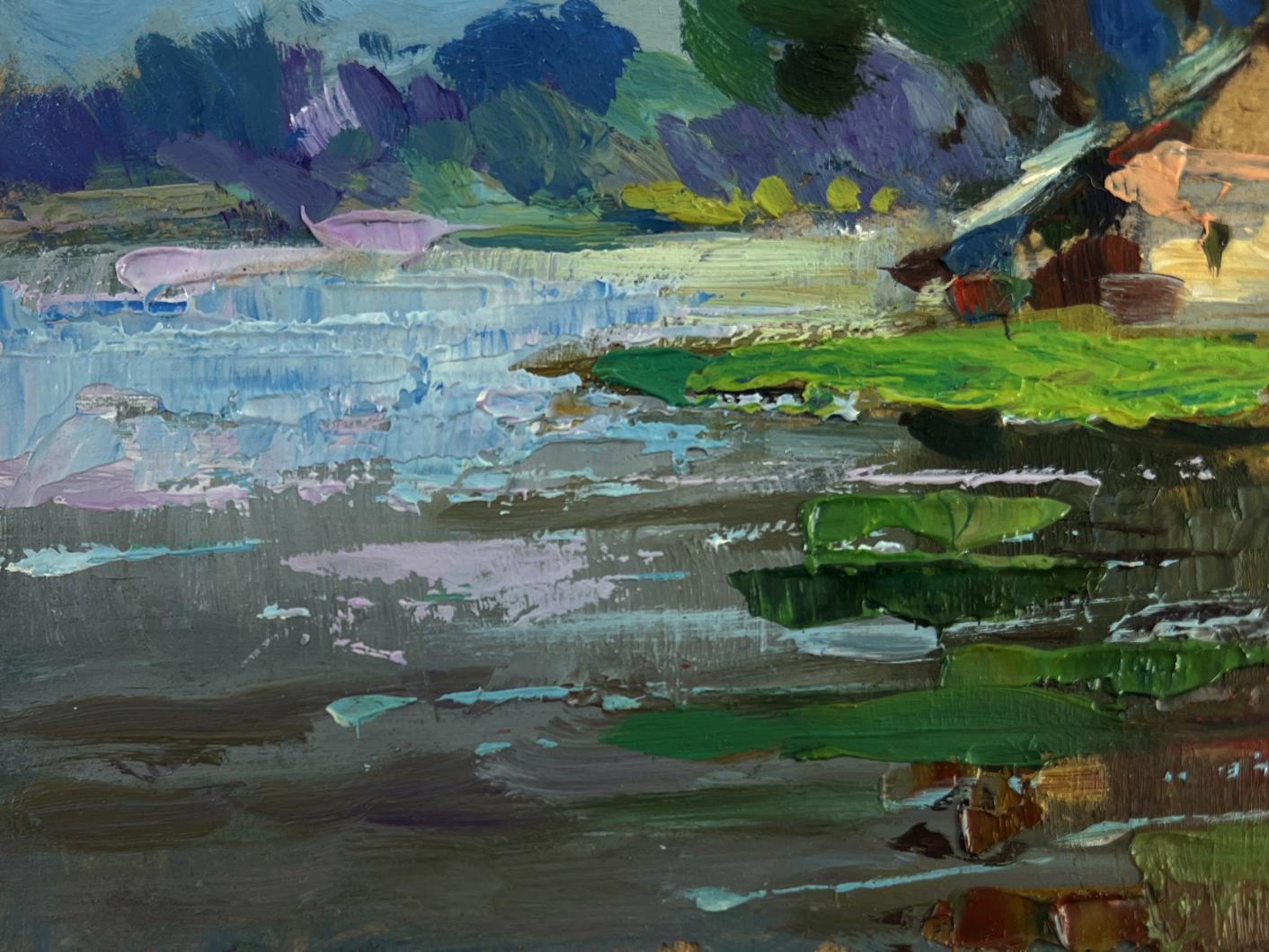 Impasto oil painting The river flows past the village by Yuriy Suprunchuk