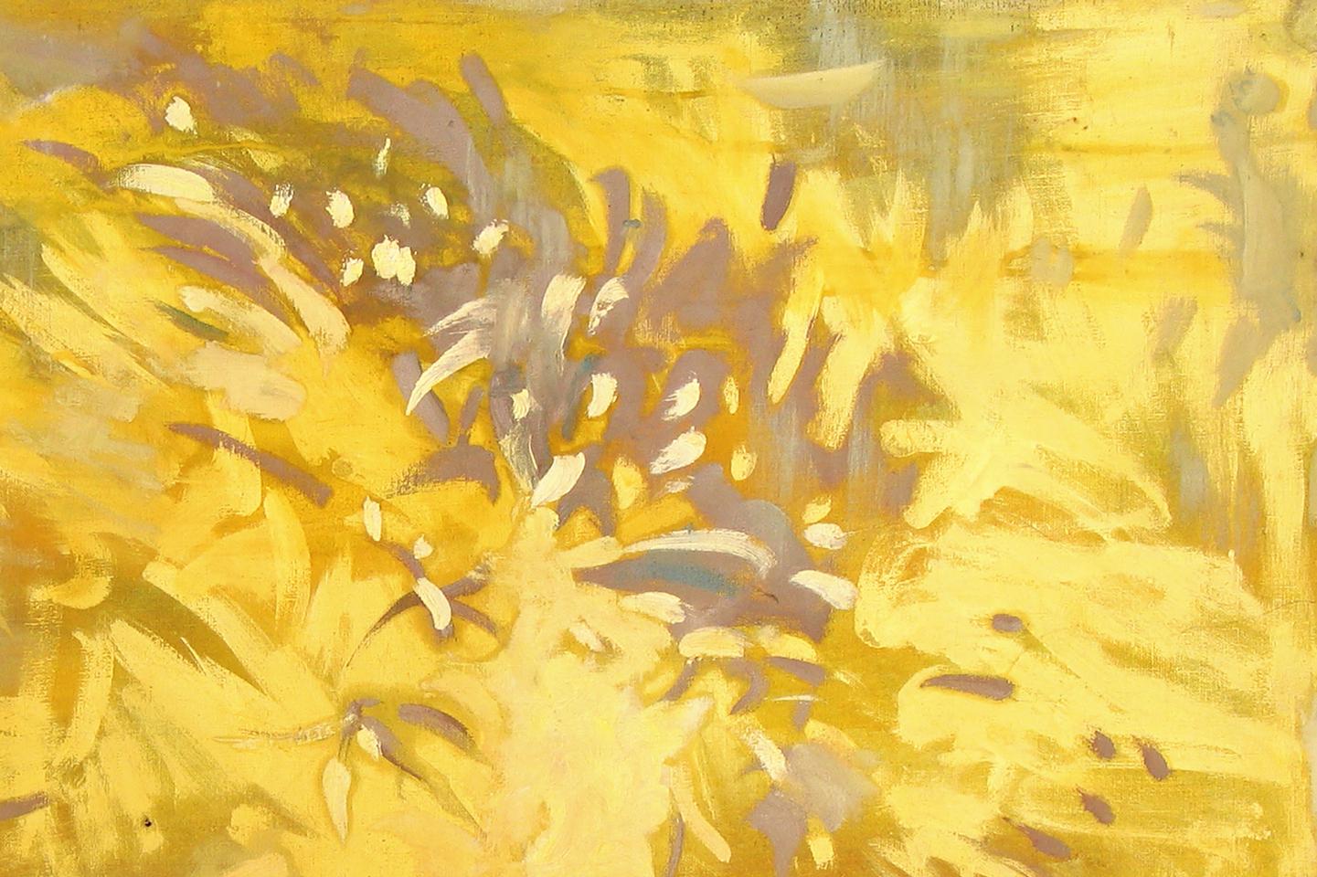 Vibrant Yellow Ed Potapenkov oil painting with bold yellow brushstrokes, gray and white accents