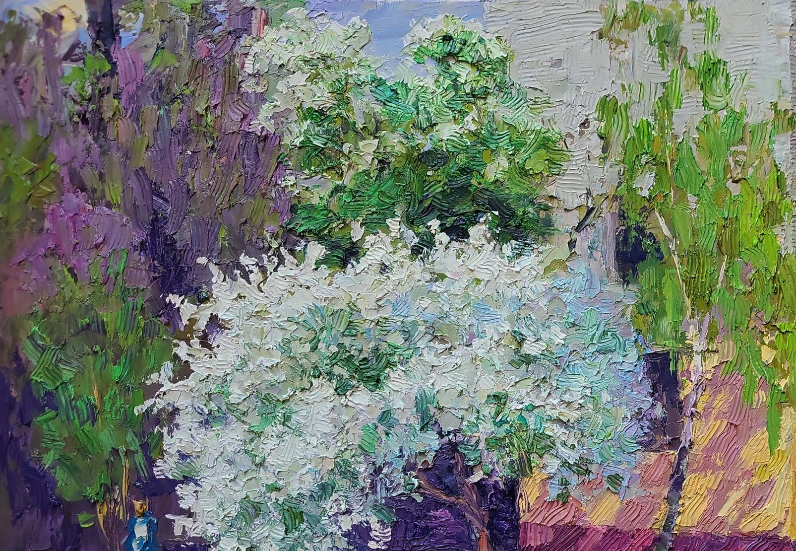 Vibrant impressionist oil painting of blossoming tree by Boris Serdyuk
