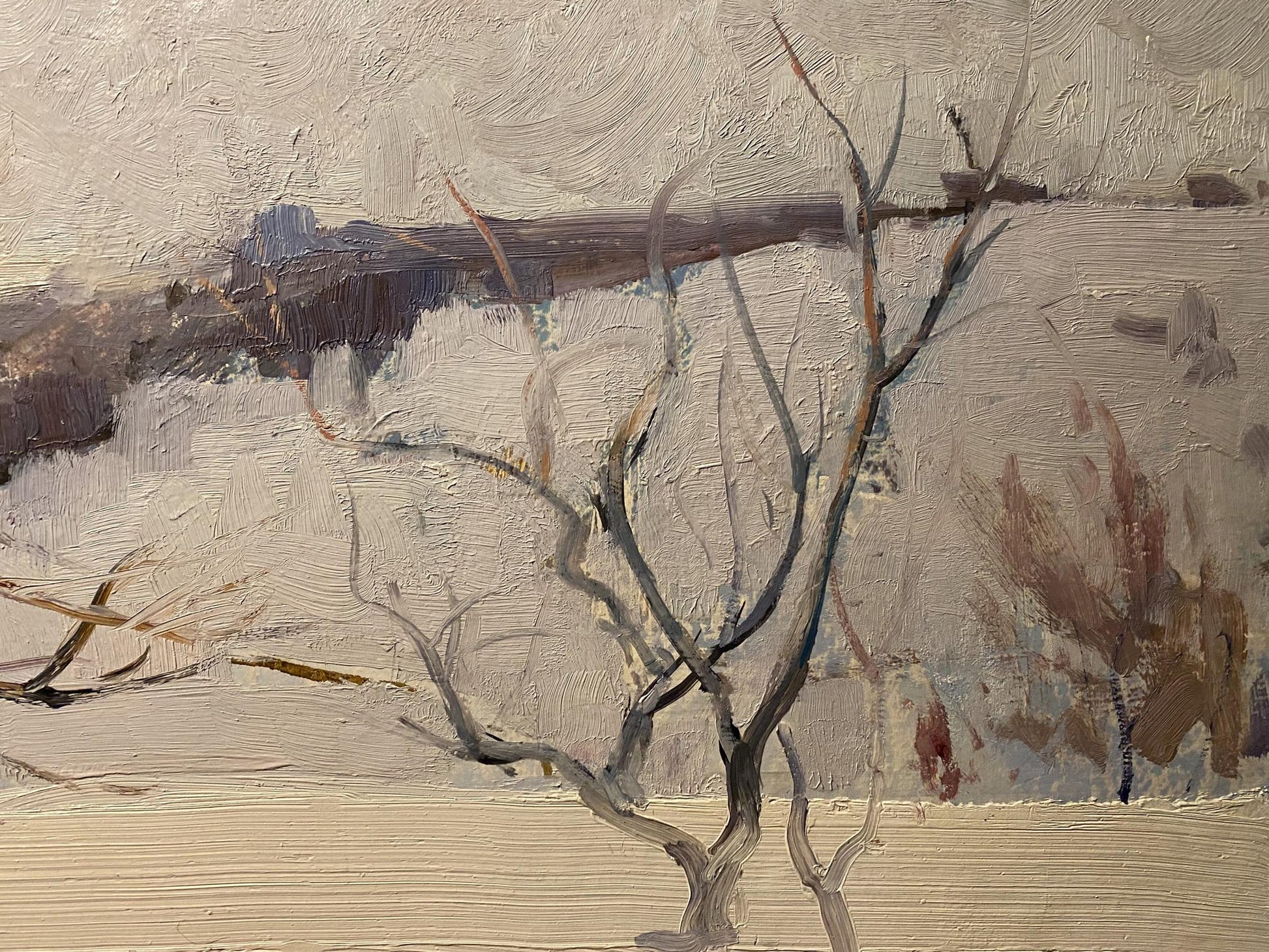 Oil painting Winter landscape by Georgiy Petrov: bare tree in muted winter scene