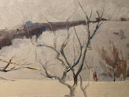 Oil painting Winter landscape by Georgiy Petrov: bare tree in muted winter scene