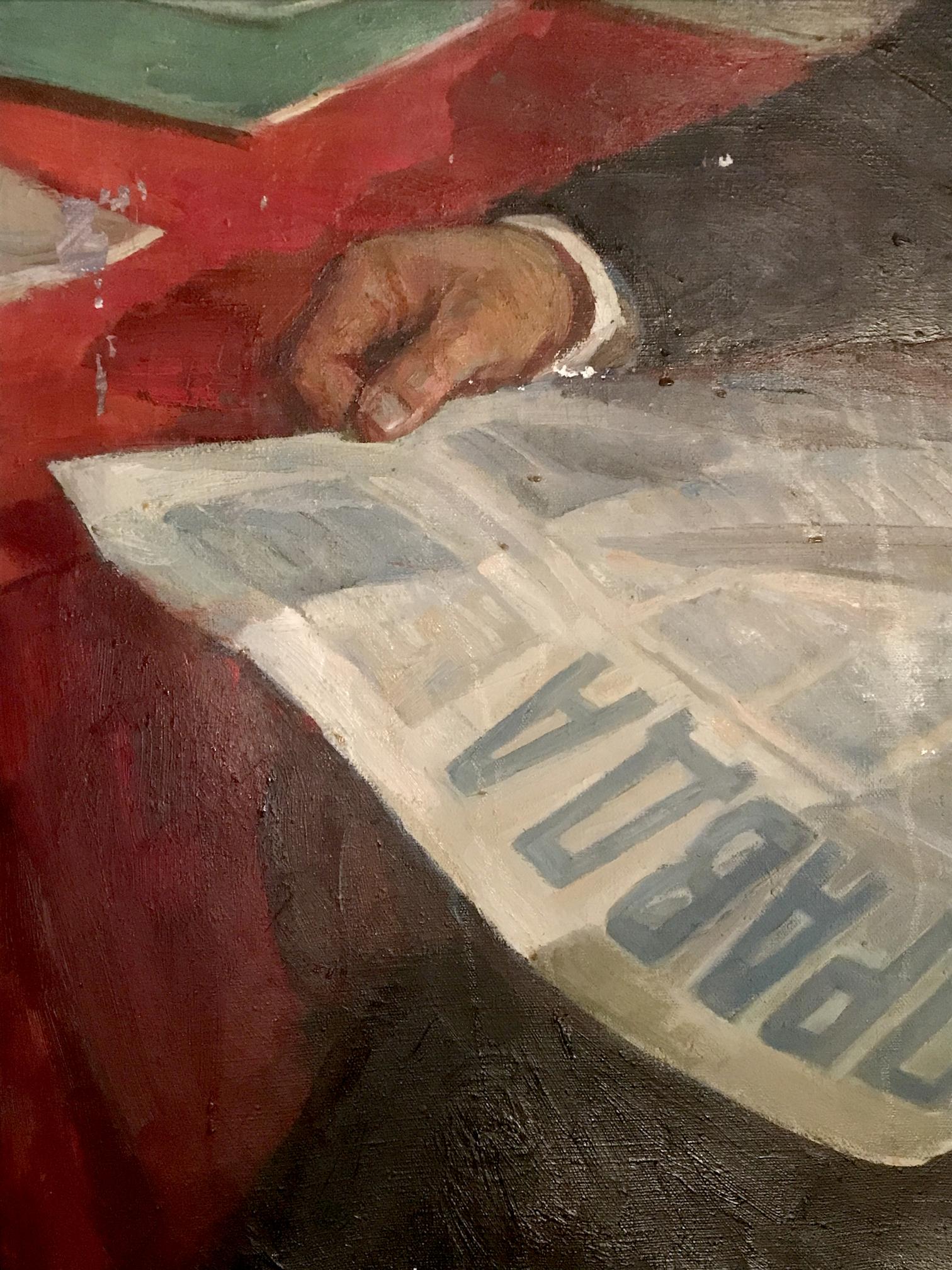 Oil painting of Lenin holding newspaper with paparazzi in bold blue by Fedor Zagorodnyuk
