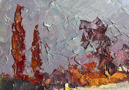 Oil painting Sunny day in winter by Boris Serdyuk, bold reds and oranges
