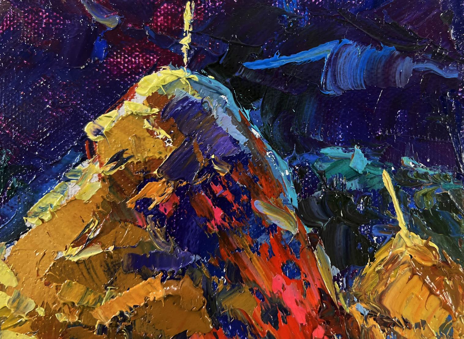 Vibrant oil painting Night tale in silver reflections by Oksana Ivanyuk, mountain peak