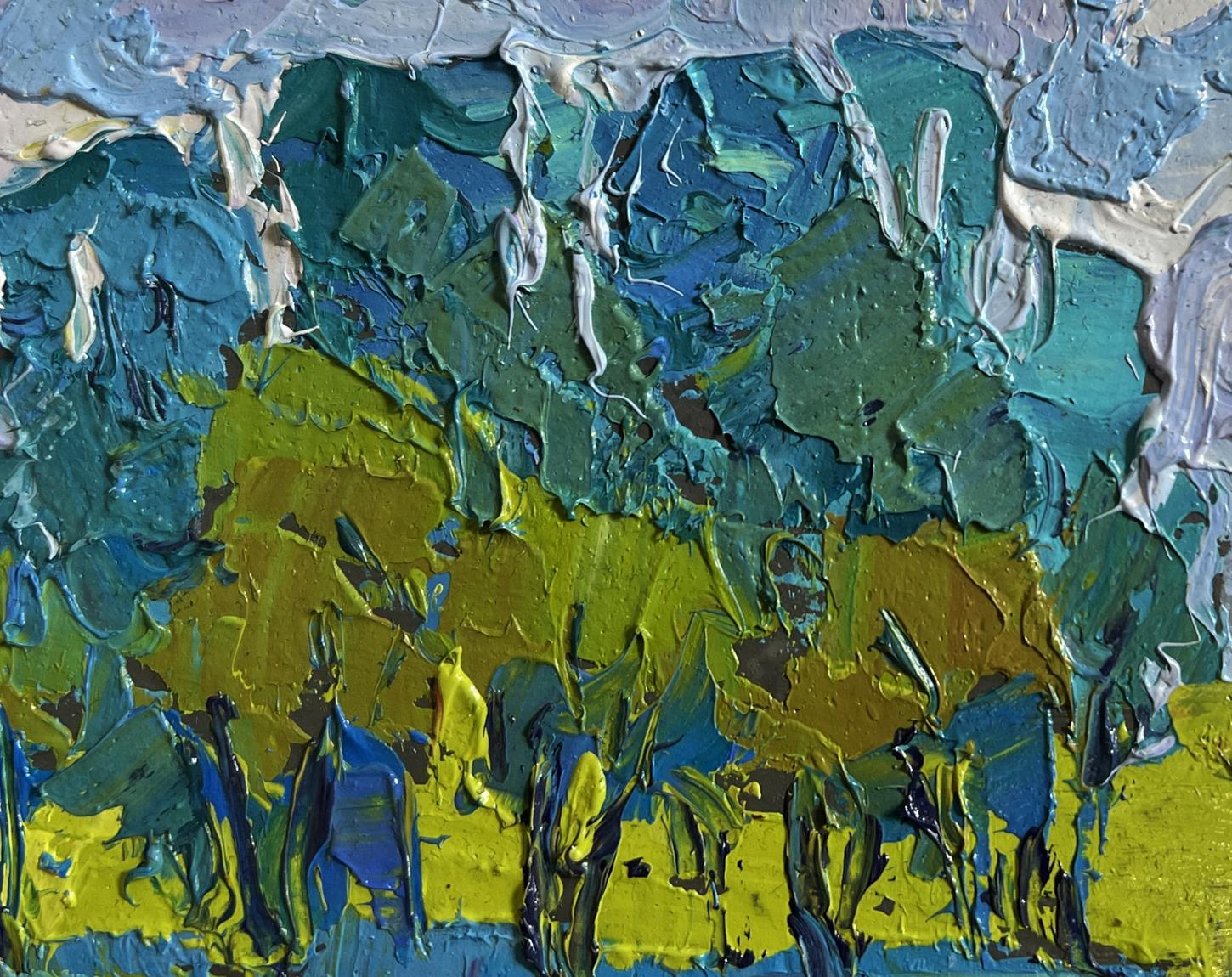 Oil painting To the other side by Oksana Ivanyuk in teal blue yellow impasto