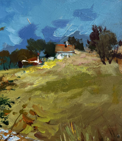 Oil painting of rustic barn on quiet road by Yuriy Suprunchuk