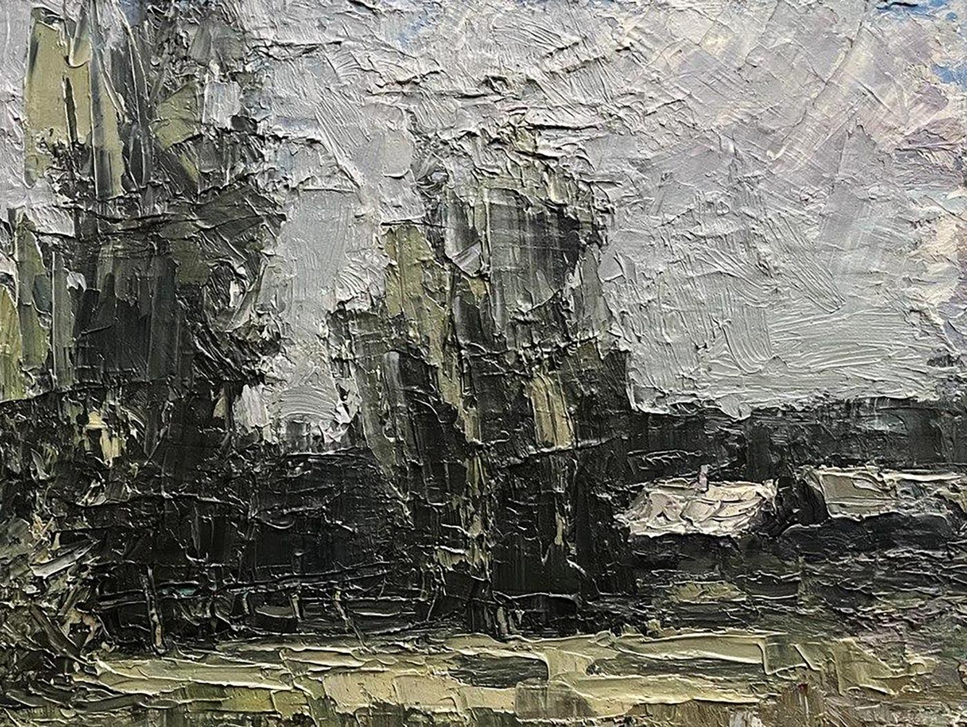 Textured oil painting River Etude by Volodymyr Pashchenko, rugged gray landscape