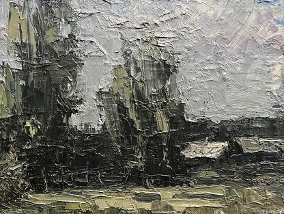 Textured oil painting River Etude by Volodymyr Pashchenko, rugged gray landscape