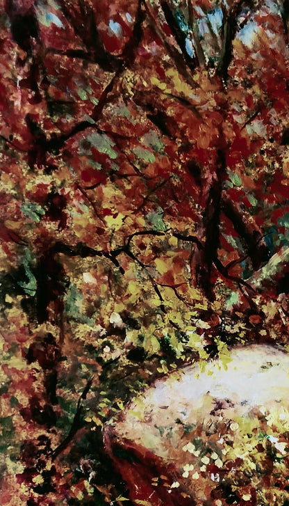 Vibrant autumn forest oil painting by Vitaly Duhnevich with bold reds and golds