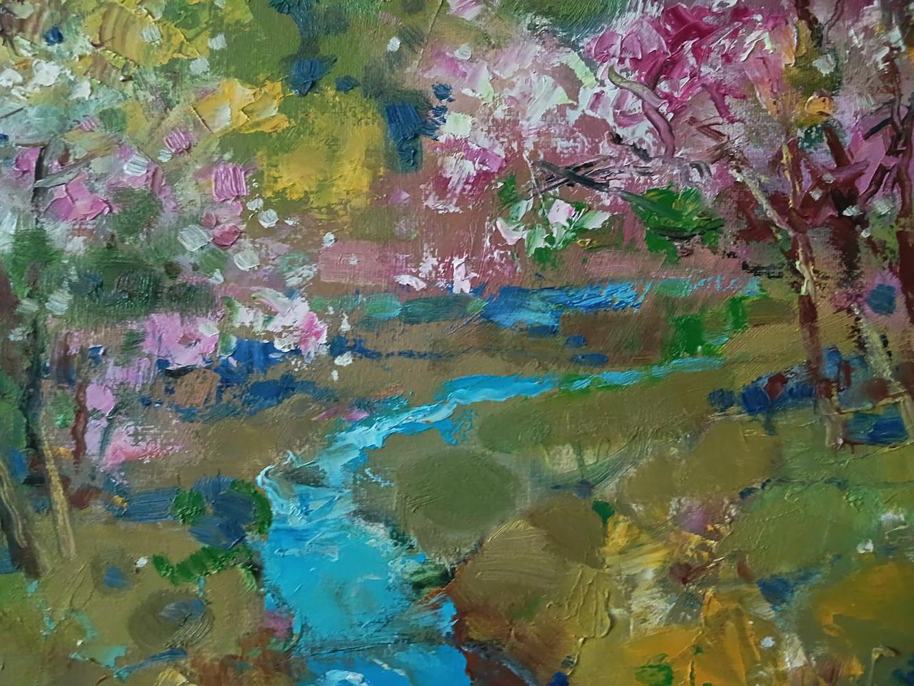 Vibrant impressionist oil painting Spring stream in forest by Anatoly Tarabanov