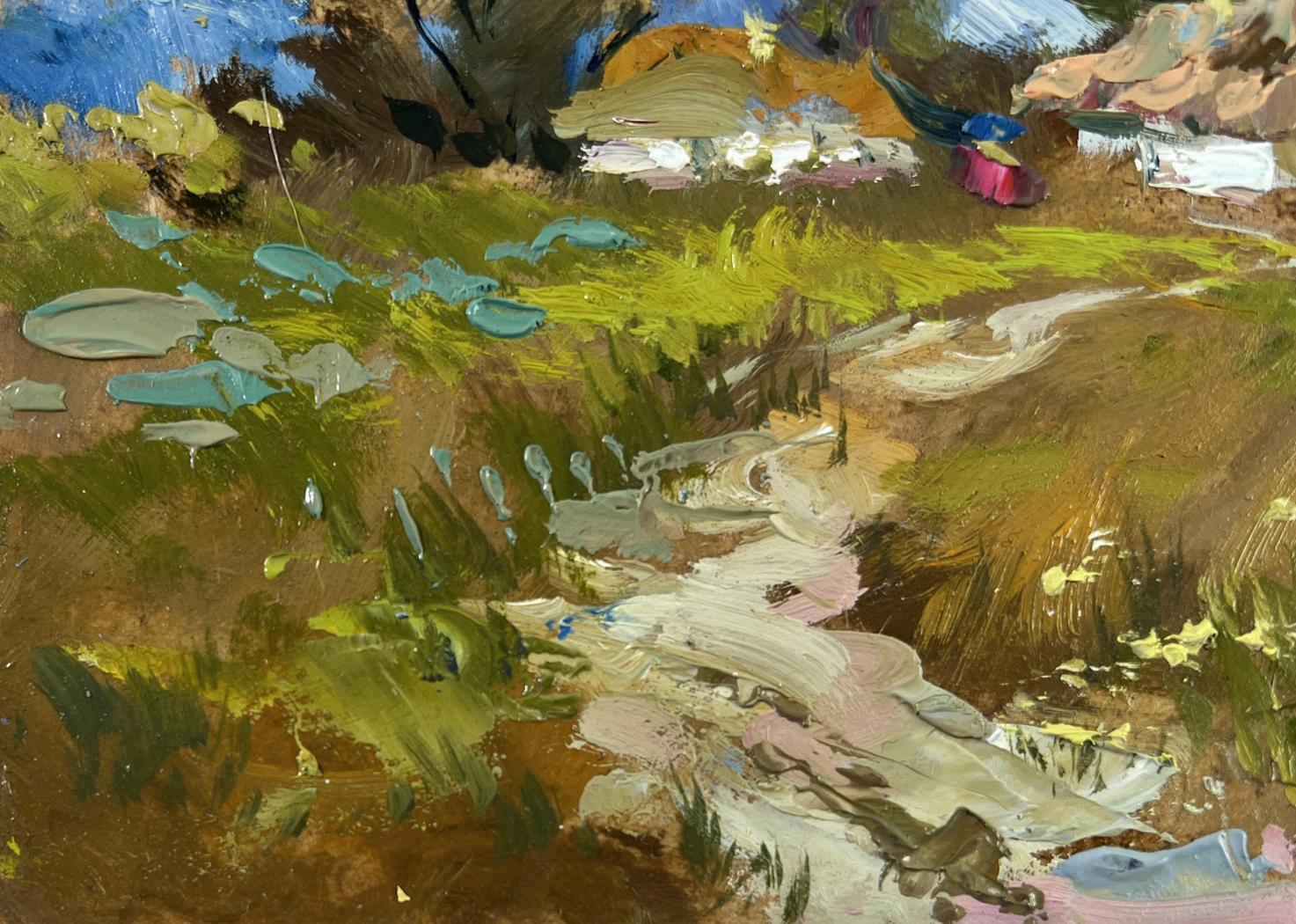Vibrant impressionist oil painting of village on hill by Yuriy Suprunchuk