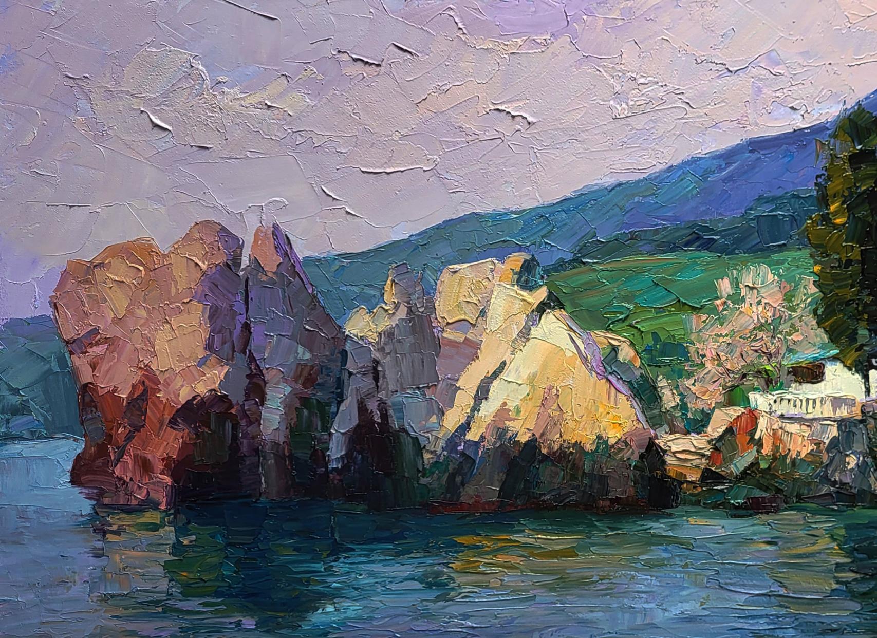 Oil painting Morning at sea by Boris Serdyuk: rugged coastal cliffs