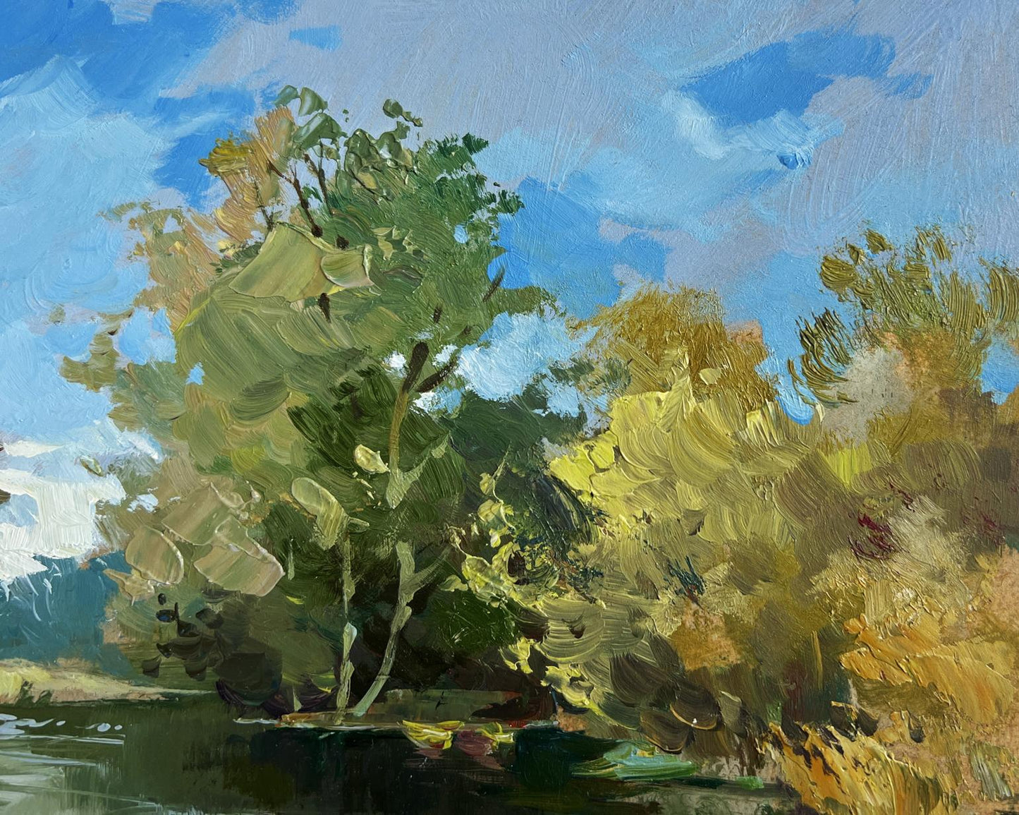 Vibrant impressionist trees in green foliage, Oil painting Boat in green reflections by Yuriy Suprunchuk
