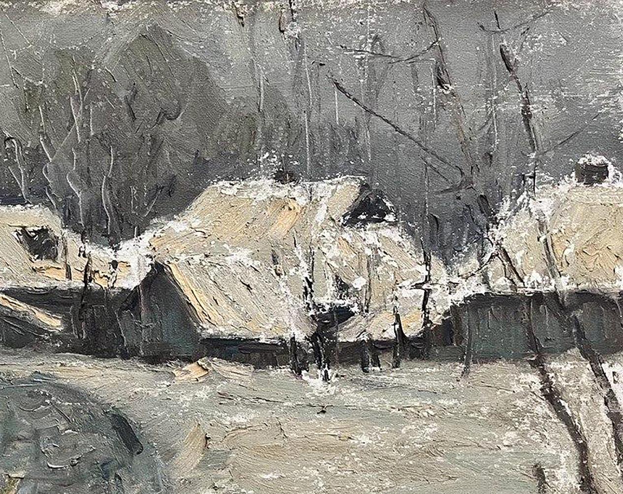 Snow-covered thatched cottages by Volodymyr Pashchenko oil painting