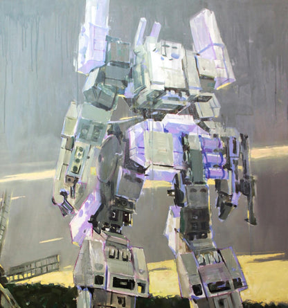 Oil painting Silence by Ed Potapenkov: towering gray-purple robot in industrial setting