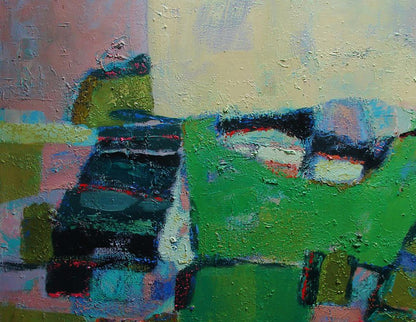Oil painting Village in the mountains by Tatyana Shulyak, abstract green impasto