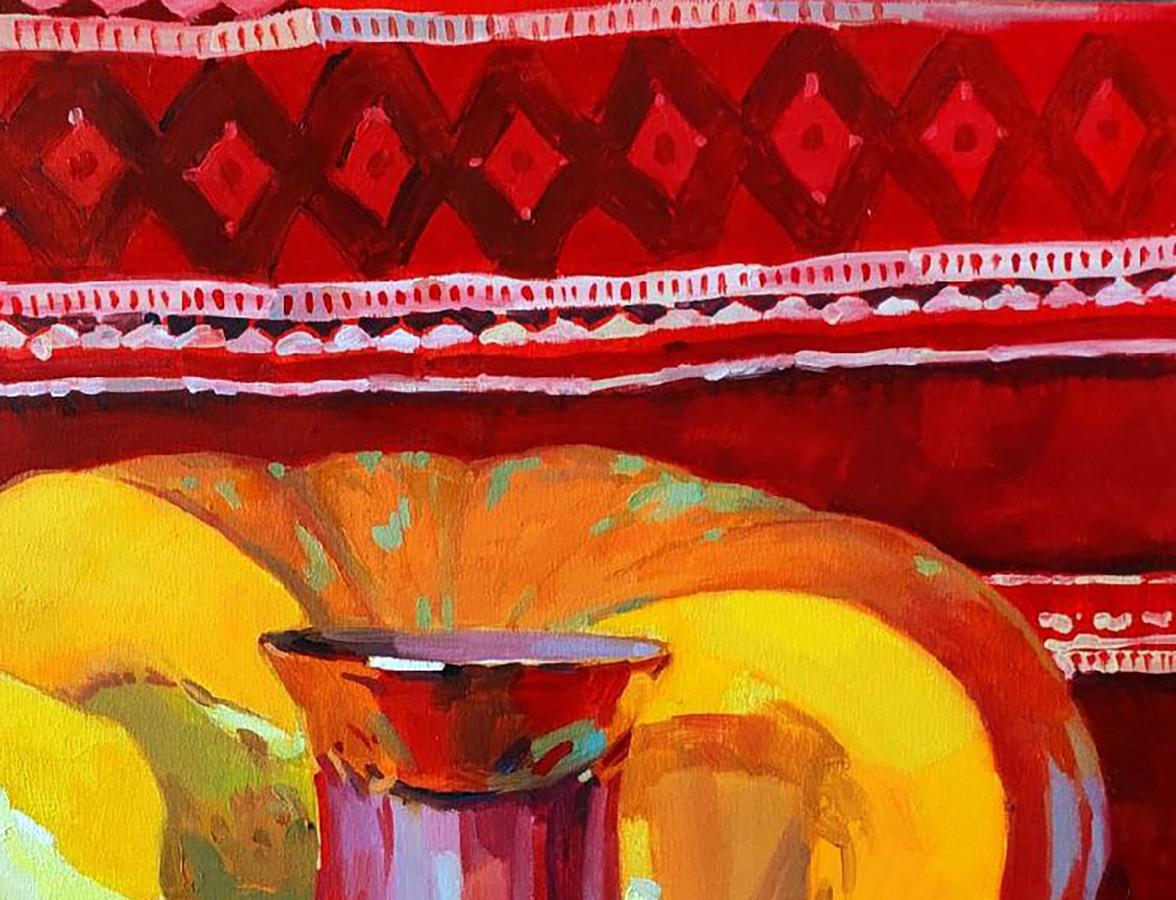 Oil painting still life with pumpkin, vibrant red gold ceramic cup by Anastasia Yaroshevich